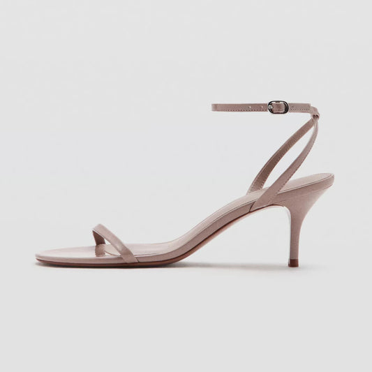 Patent Khaki Round-Toe Strappy Ankle And Back Straps Sandals Kitten Heels