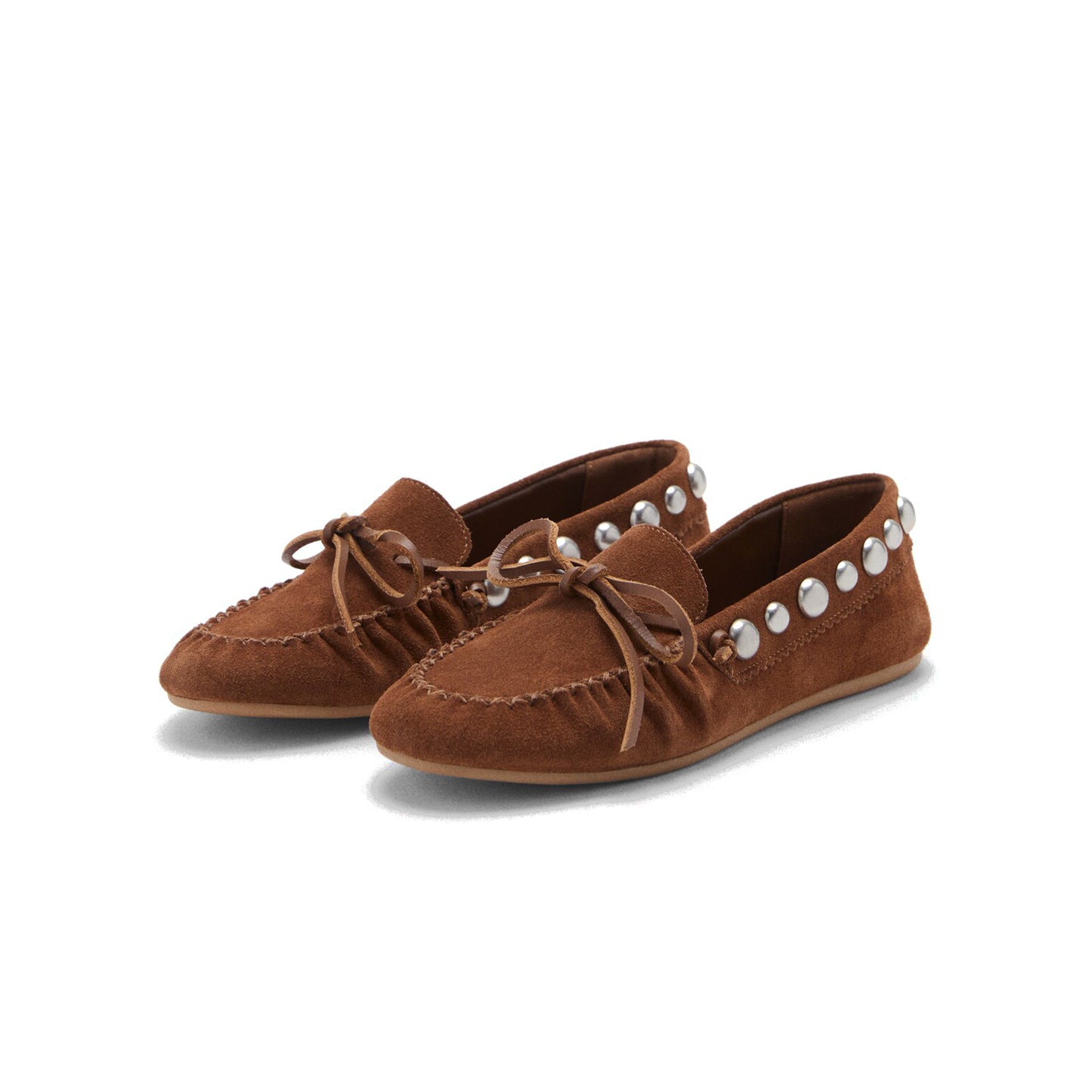 Brown Faux Suede Round-Toe Back Studs Front Bow Flats