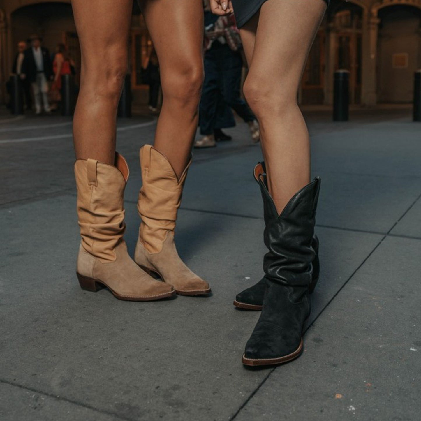 Black Contrast Vegan Leather And Faux Suede Snip-Toe Slouch Chic Mid Calf Cowgirl Boots