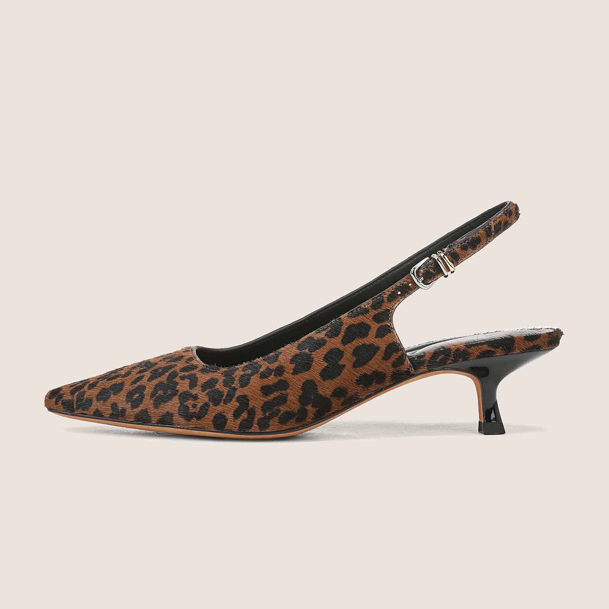 Leopard Pattern Pony Hair Vegan Leather Chic Pointed-Toe Buckle Slingback Kitten Heels