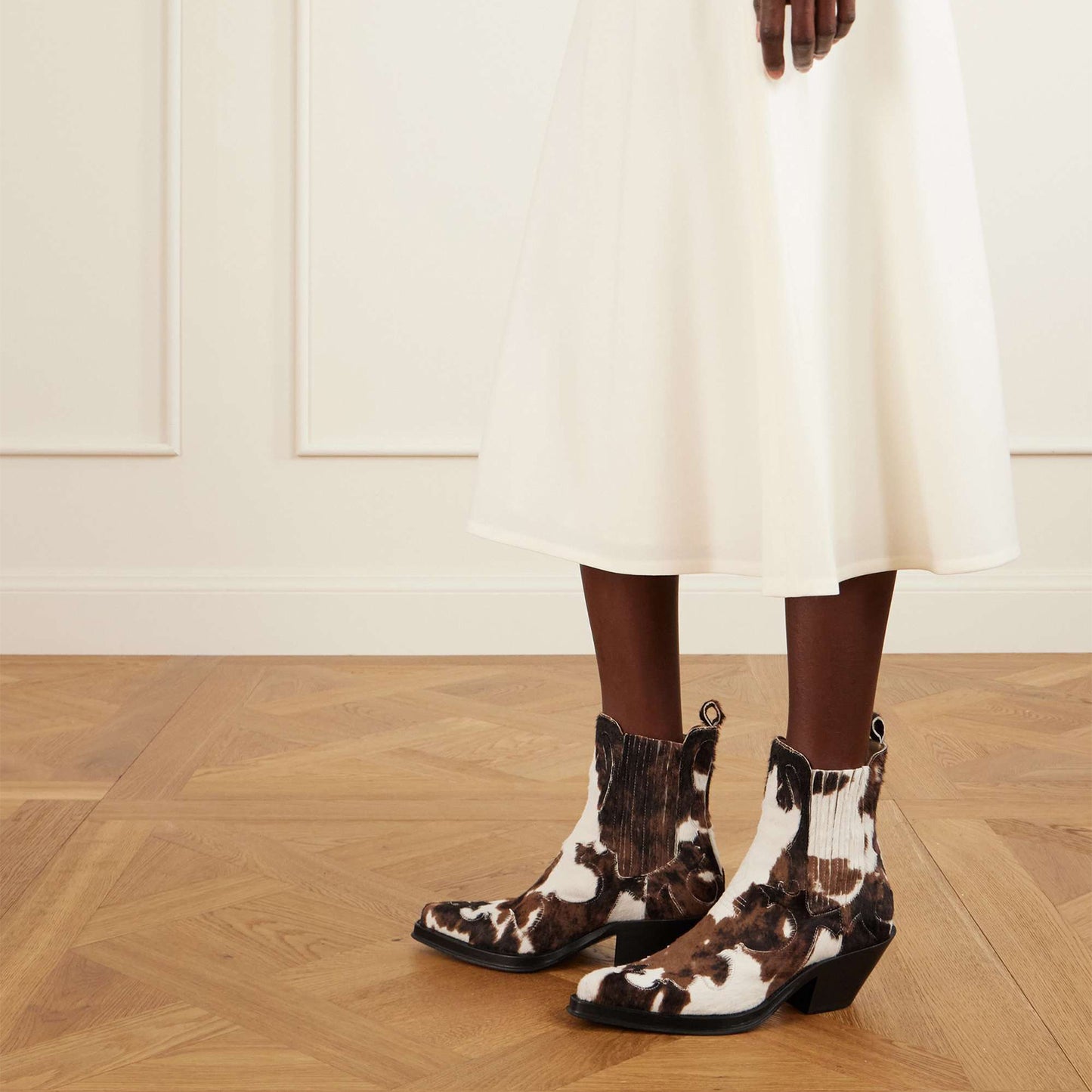 Cow Print Pointed-Toe Appliques Chic Ankle Cowgirl Boots