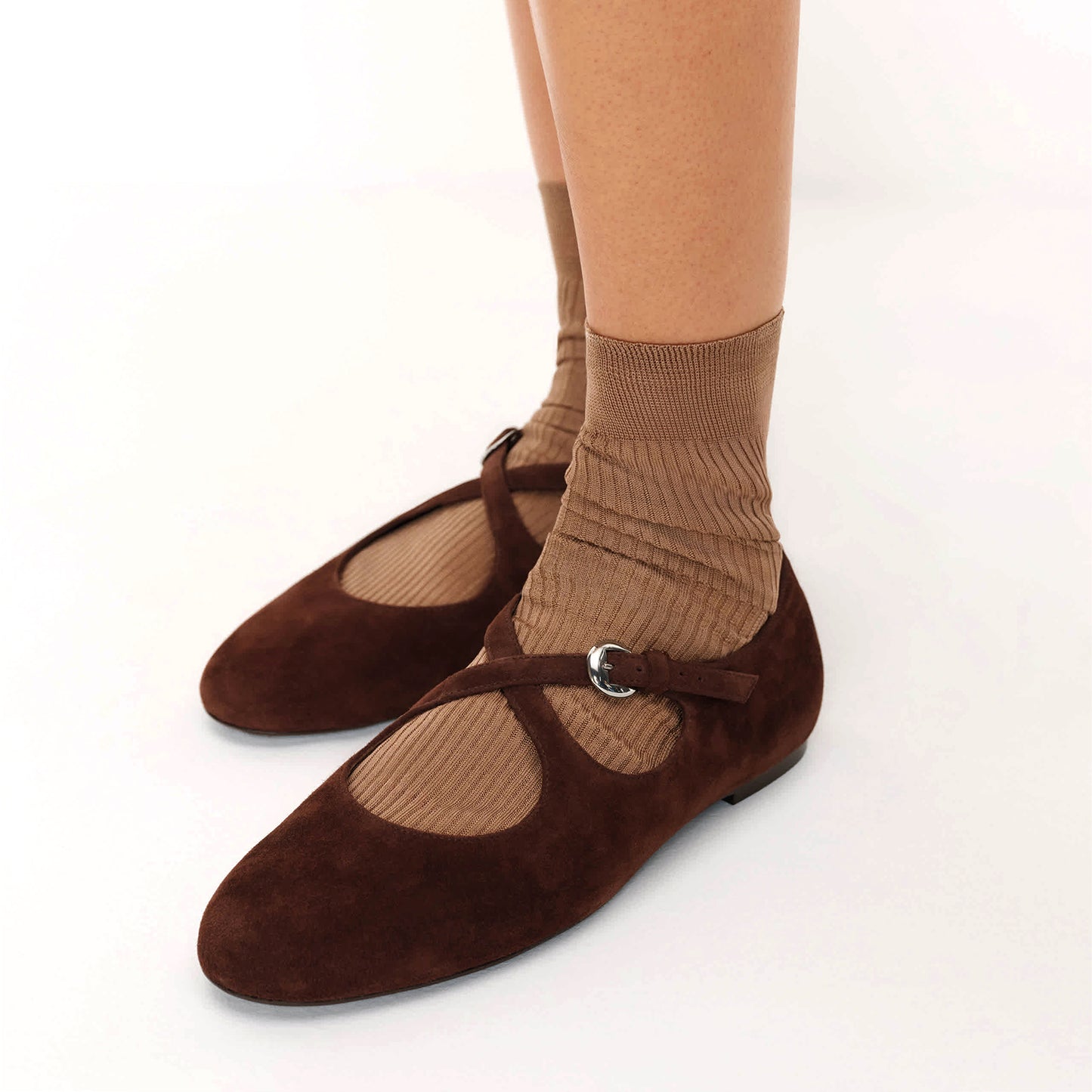 Coffee Faux Suede Round-Toe Criss Cross Straps Ballet Flats