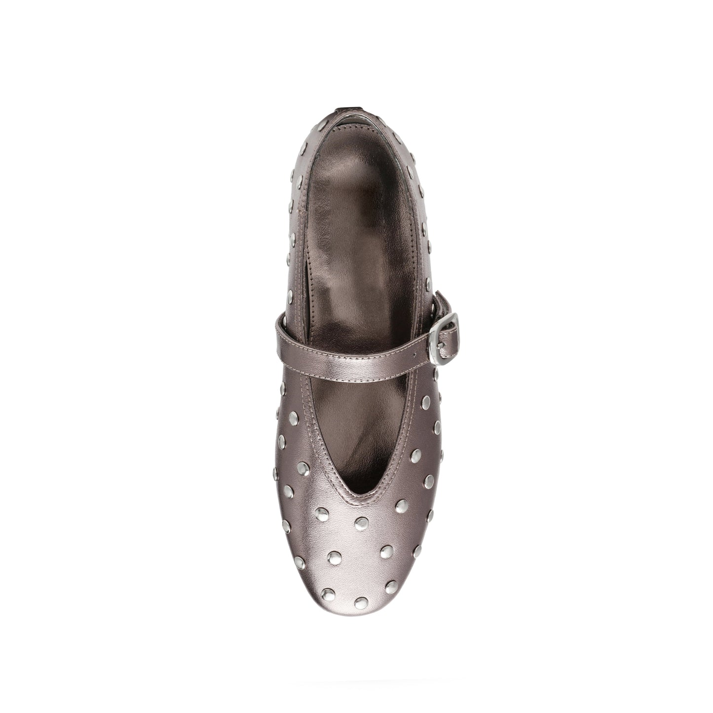 Metallic Pewter Round-Toe Studs And Mary Jane Ballet Flats