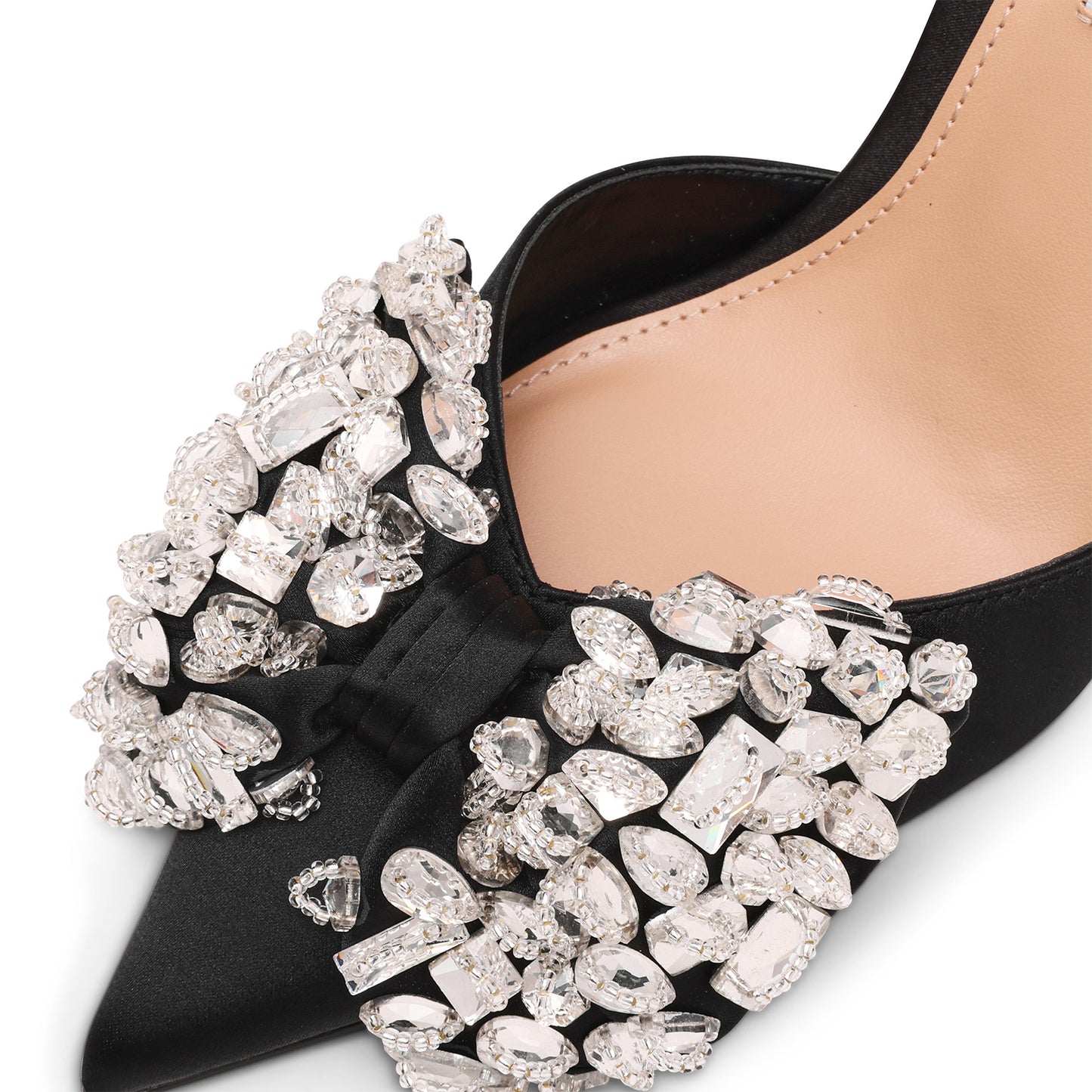 Black Satin Pointed-Toe Crystals Front Bow Slingback High Heels Pumps