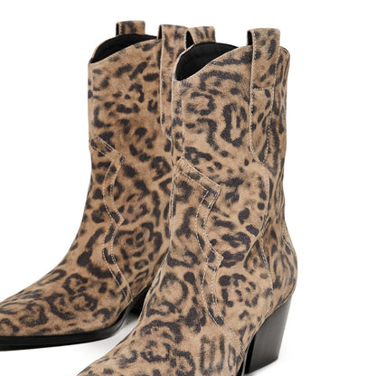 Leopard Faux Suede Pointed-Toe Ankle Cowgirl Boots