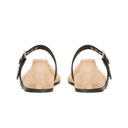 Nude Mesh Round-Toe Ballet Flats With Bridge Strap