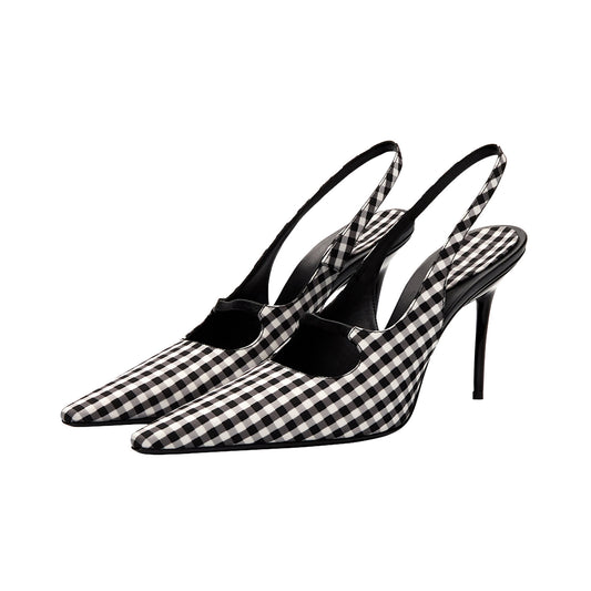 Black Gingham Pointed-Toe Back Strap Chic High Heels