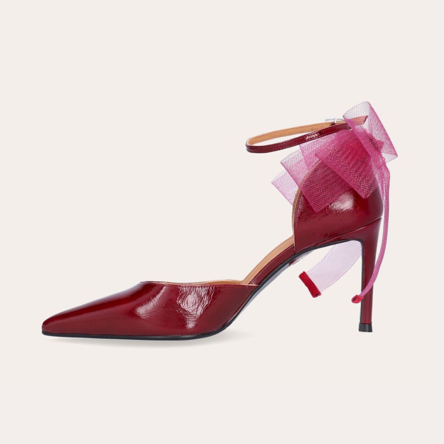 Red Pointed-Toe Chic Back Big Mesh Bow And Ankle Strap High Heels
