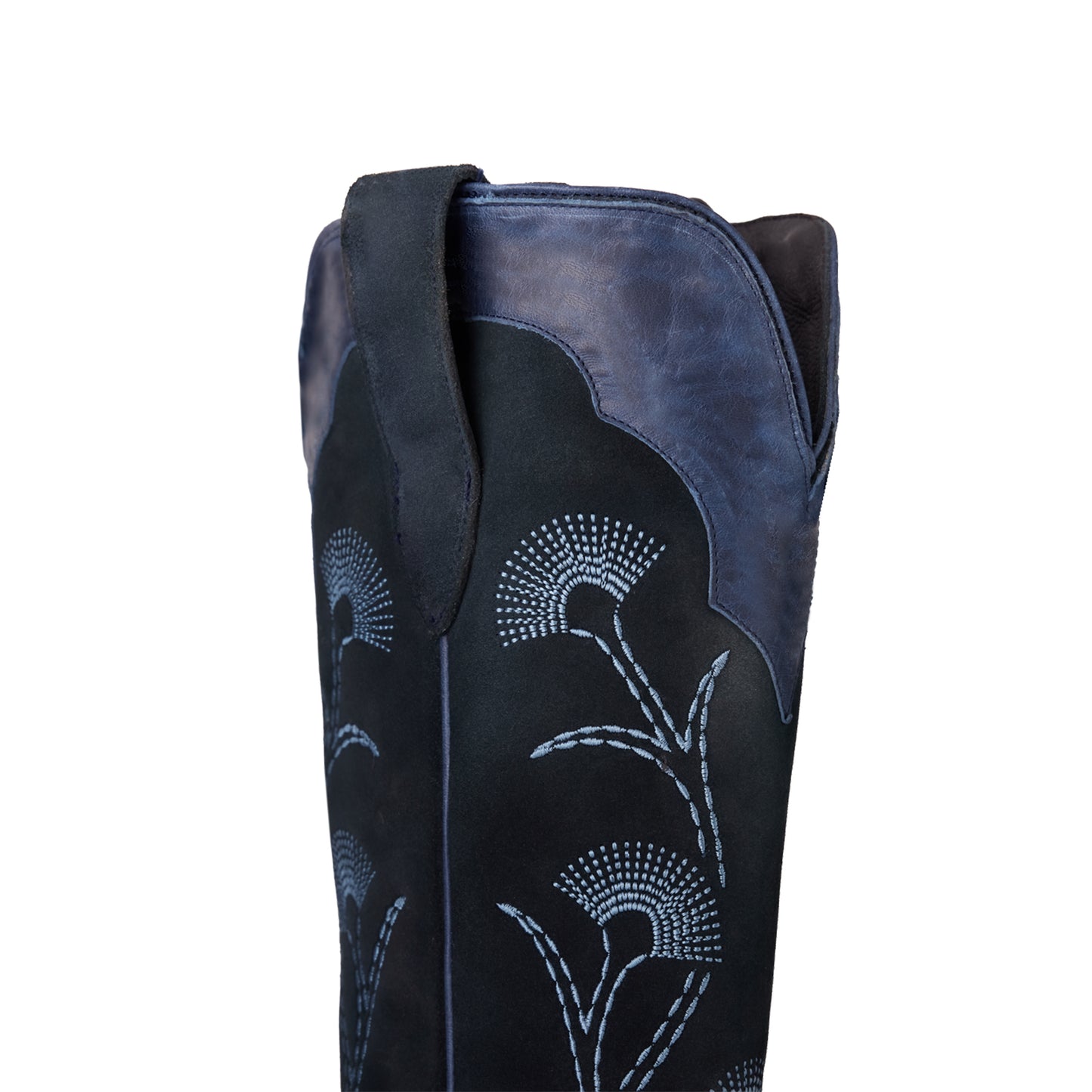 Navy Contrast Faux Suede And Vegan Leather Snip-Toe Floral Embroidery Half-Zip Knee High Cowgirl Boots