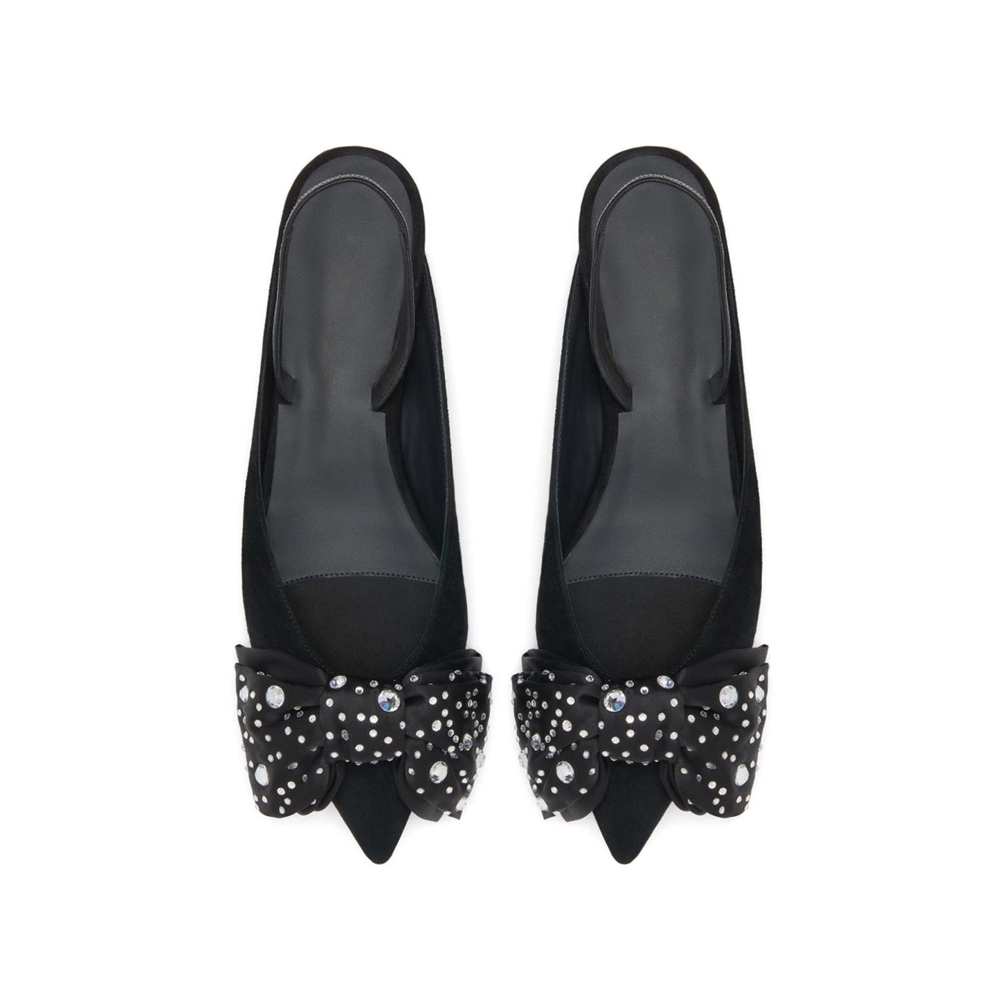 Black Faux Suede Pointed-Toe Front Bow With Rhinestones Slingback Flats