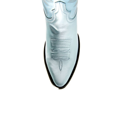 Metallic Blue Almond-Toe Embroidery Ankle Cowgirl Boots