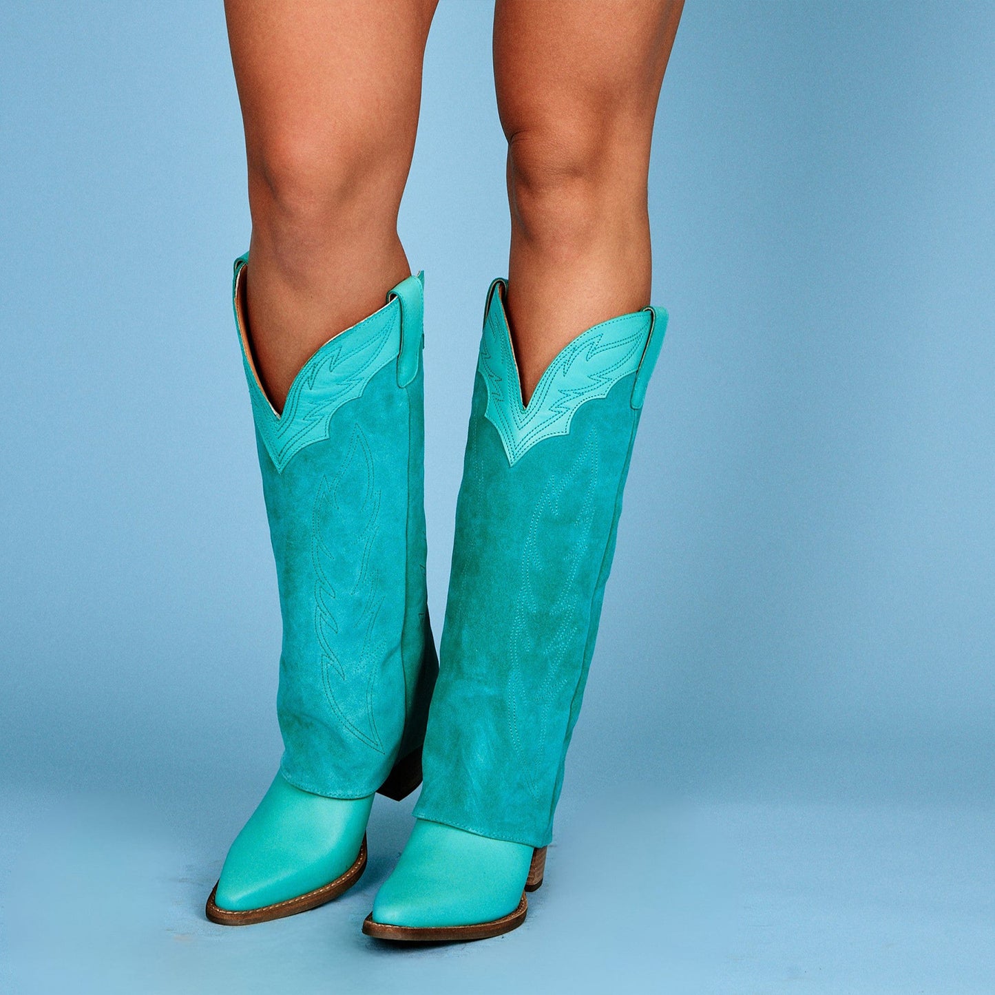Green Snip-Toe Faux Suede Fold-Over Embroidery Wide Calf Knee High Cowgirl Boots