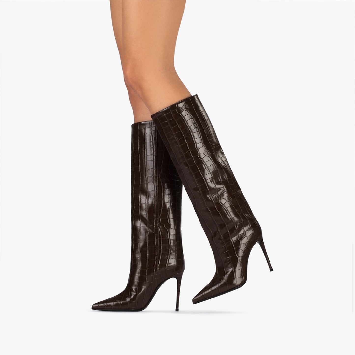 Brown Crocodile-Print Pointed-Toe Simple Wide Calf Knee High Tall Stiletto Boots