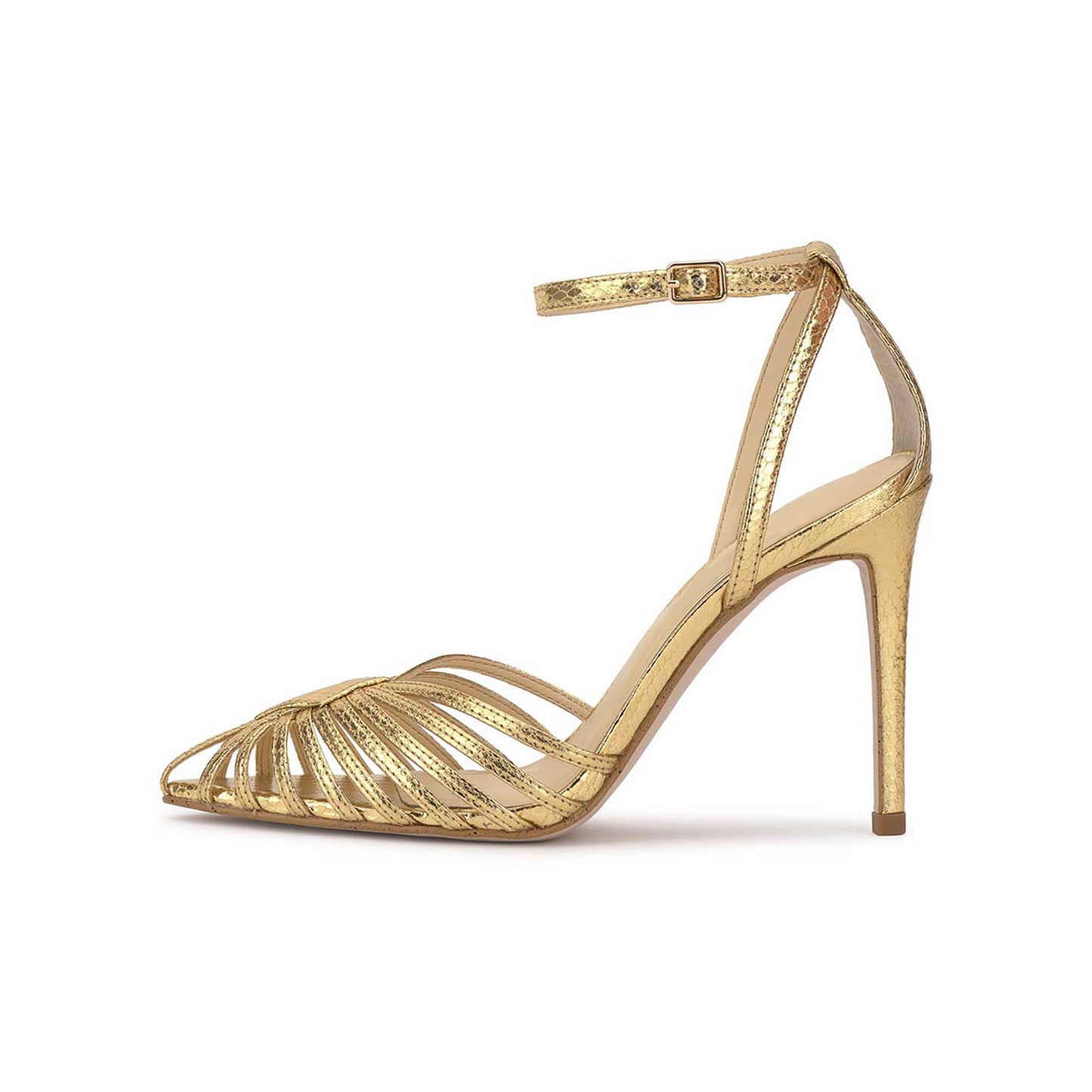 Metallic Gold Snakeskin Print Pointed-Toe Front Strappy Ankle Strap Pumps High Heels