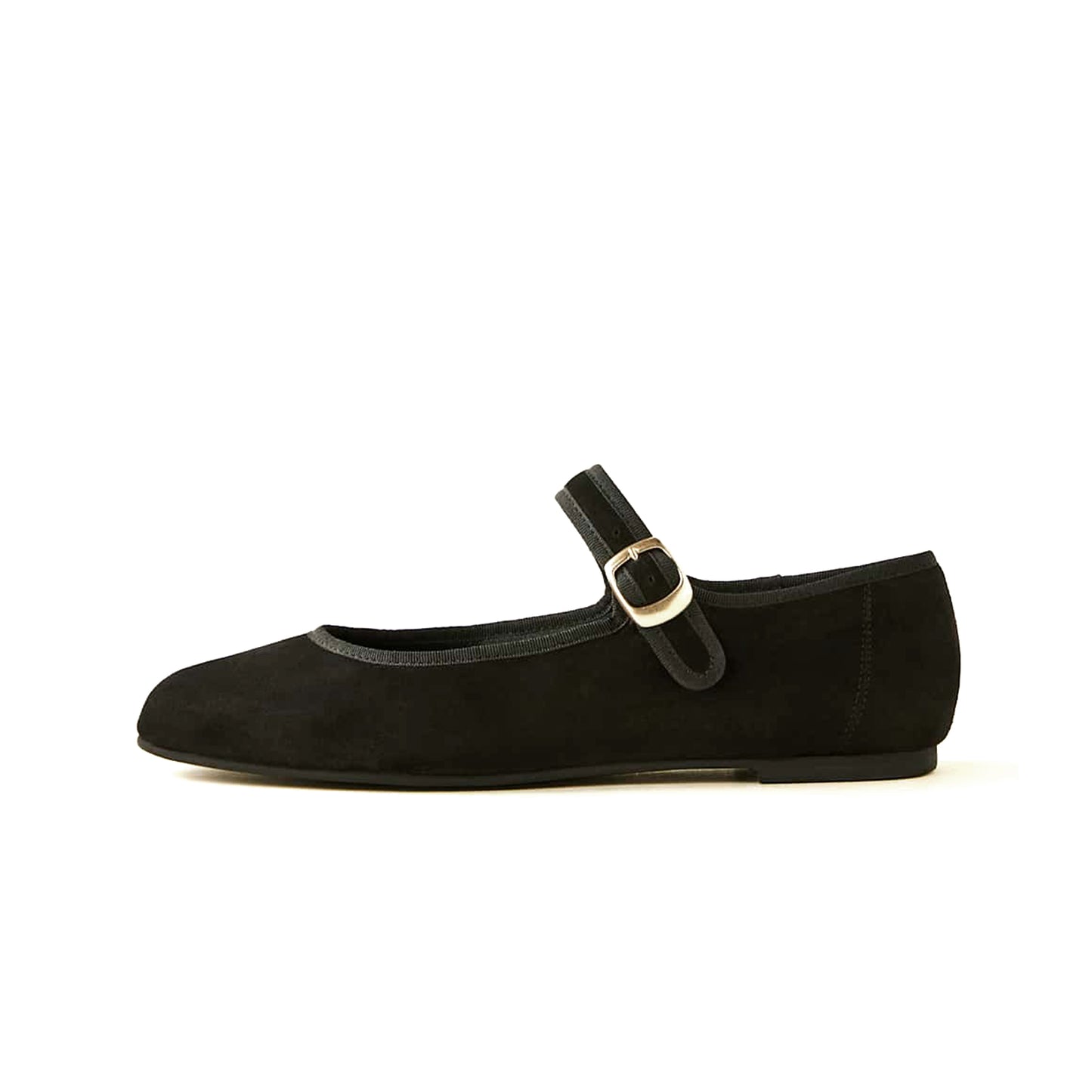 Black Faux Suede Round-Toe Bridge Strap Slip-On Flats