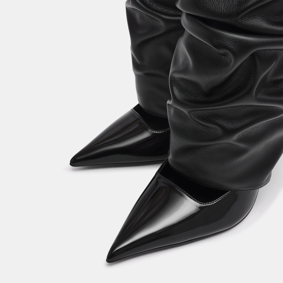 Black Vegan Leather Pointed-Toe Slip-On Mid Calf Stiletto Boots