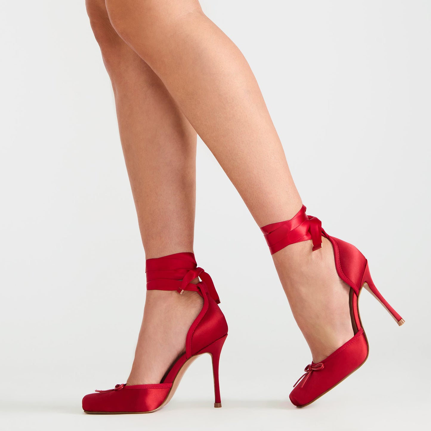 Red Satin Square-Toe Front Bow Ankle Strap Slip-On High Heels