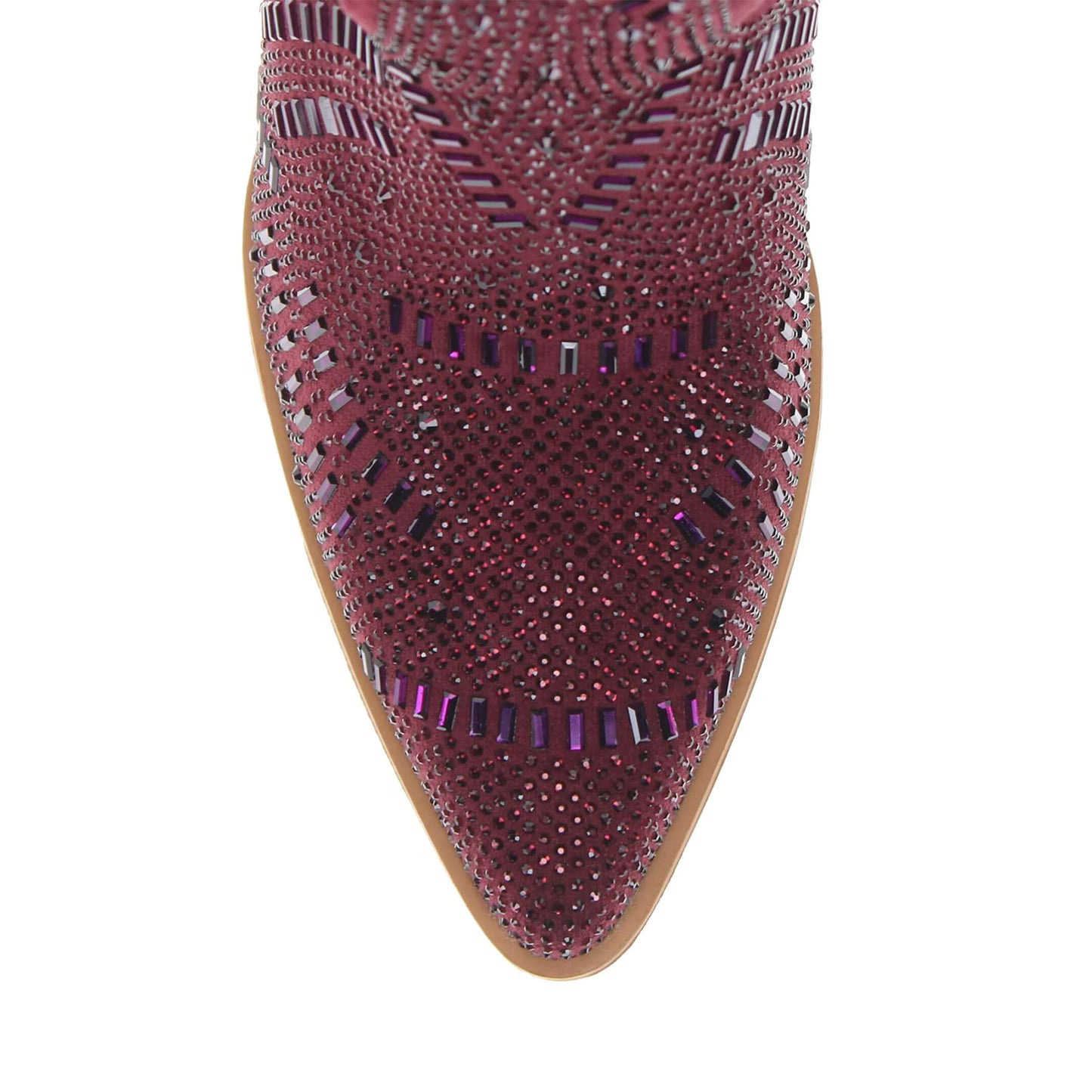 Maroon Faux Suede Pointed-Toe Full Crystals Wide Calf Knee High Cowgirl Boots