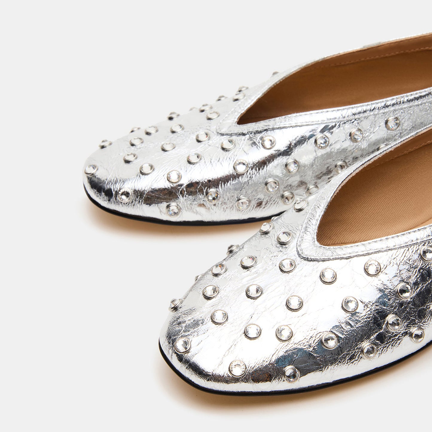 Metallic Silver Elegant Square-Toe Rhinestone Slip-On Flats