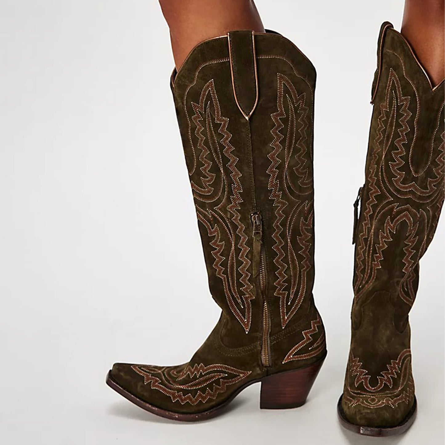 Olive Green Faux Suede Snip-Toe Embroidery Half-Zip Knee High Cowgirl Boots