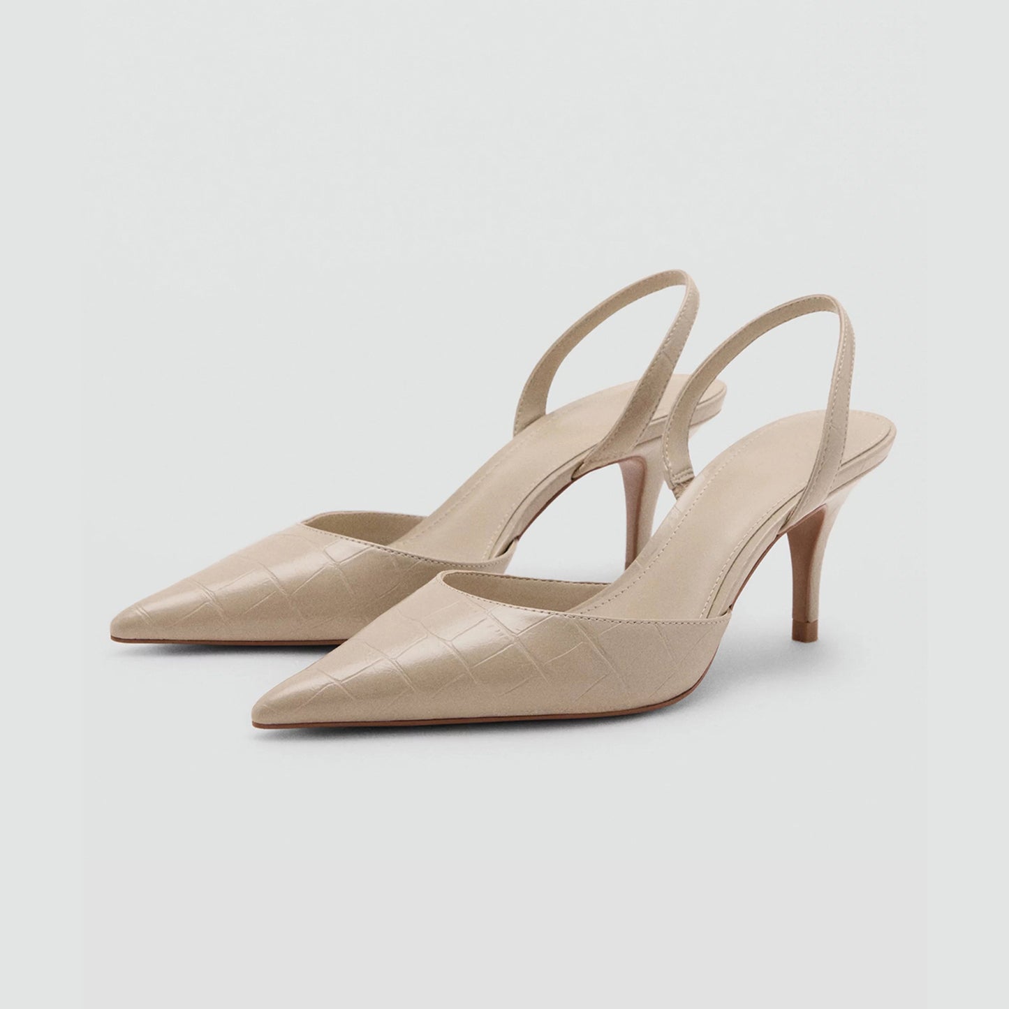 Ecru Stone Pattern Vegan Leather Pointed-Toe Slingback Kitten Heels
