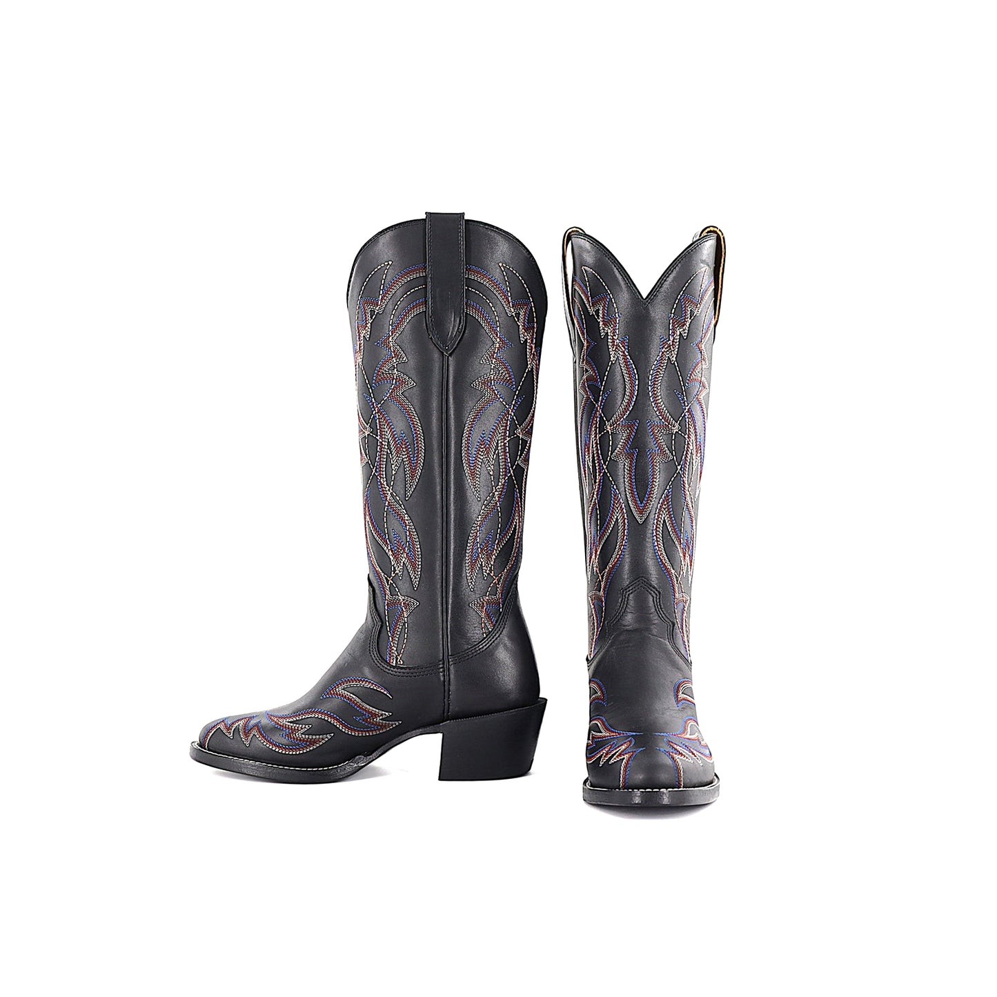 Black Round-Toe Embroidery Wide Calf Knee High Tall Cowgirl Boots