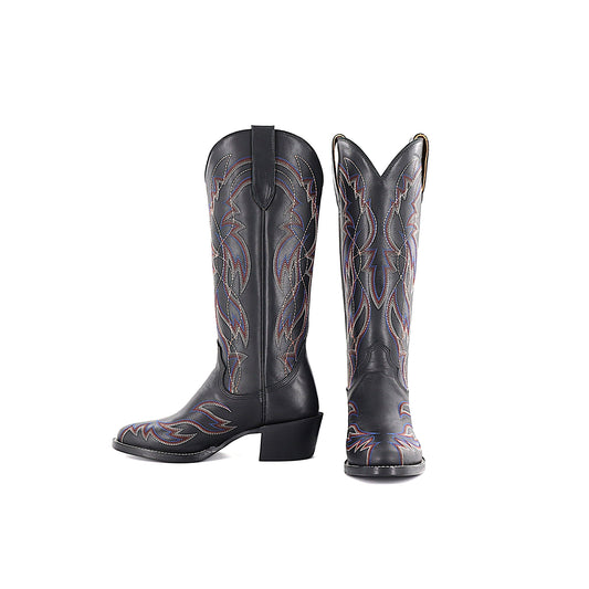 Black Round-Toe Embroidery Wide Calf Knee High Tall Cowgirl Boots