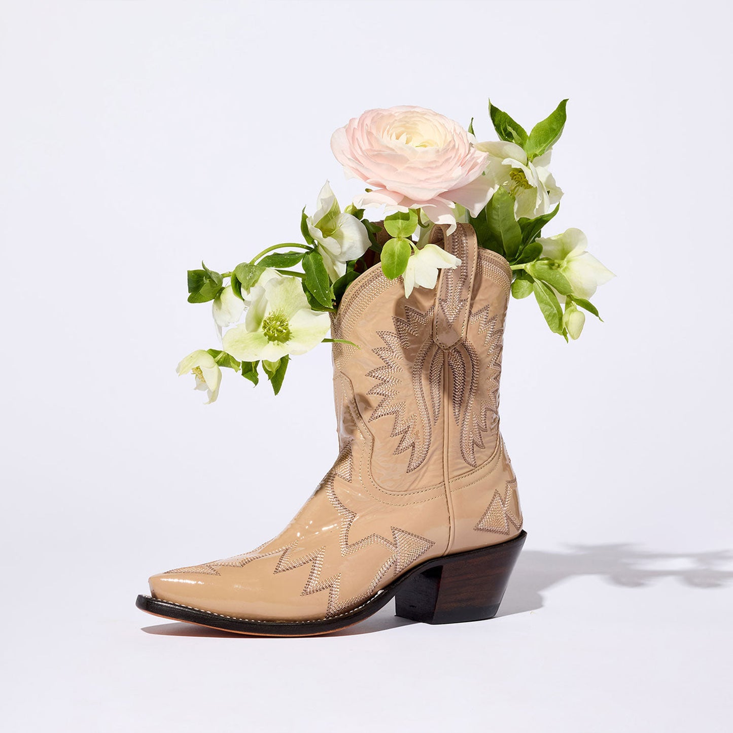 Patent Beige Snip-Toe Western Embroidery Ankle Cowgirl Boots