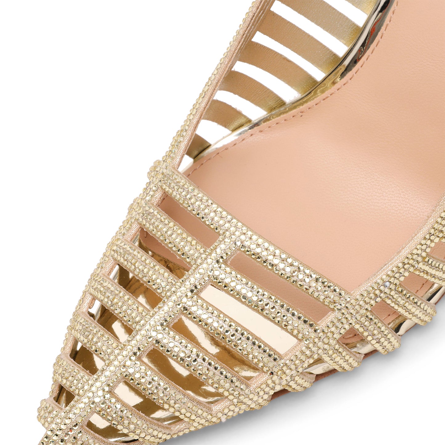 Metallic Gold Pointed-Toe Rhinestones Strappy And Slingback Kitten Heels