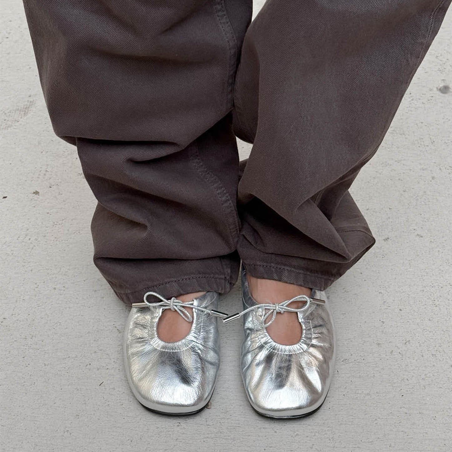 Metallic Sliver Square-Toe Bridge Self-Tie Bow Ballet Flats