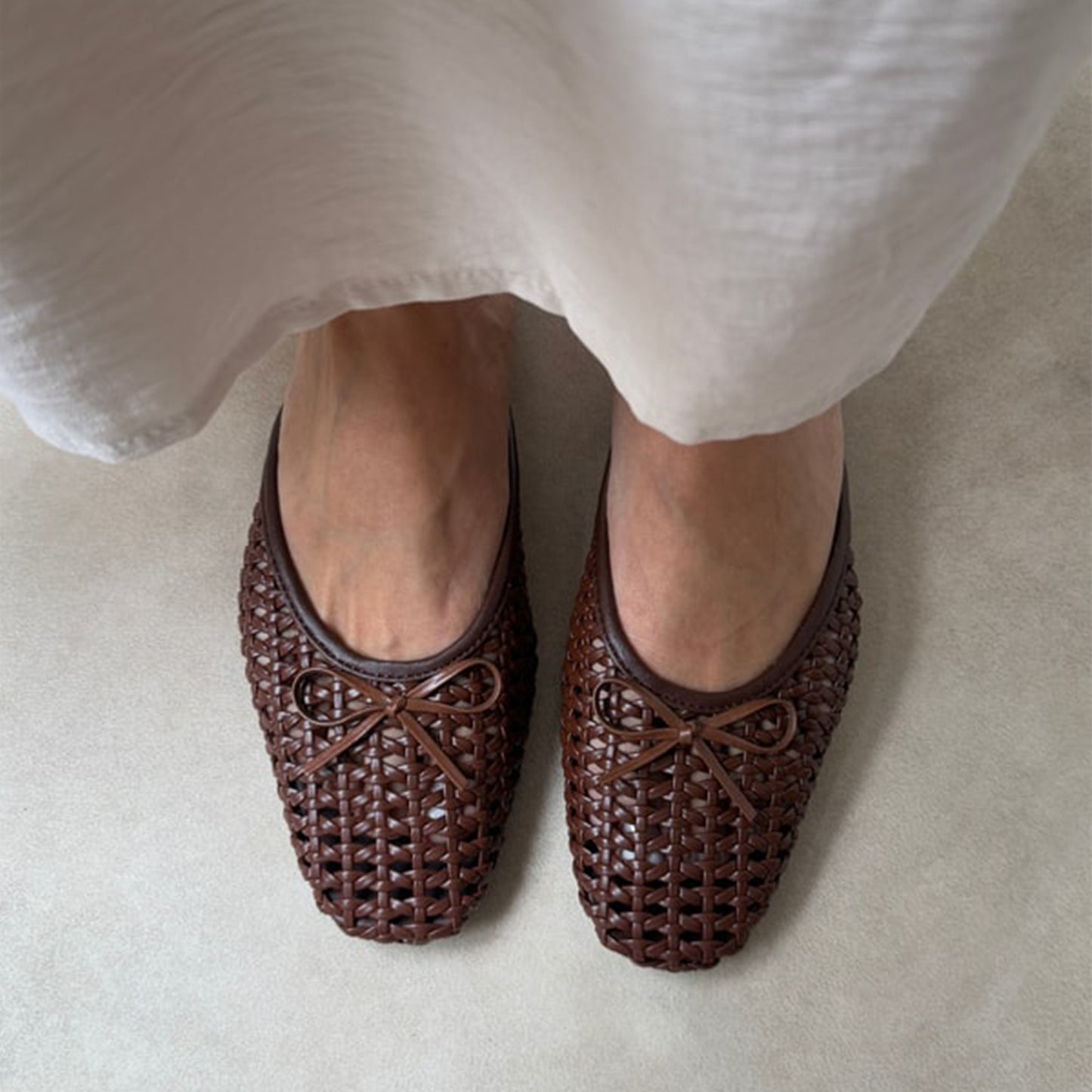 Coffee Woven Vegan Leather Square-Toe Front Bow Backless Chic Flats