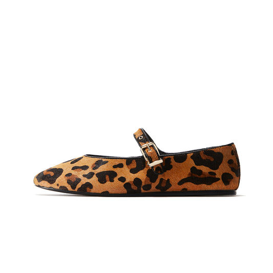 Leopard Pony Hair Square-Toe Bridge Strap Ballet Flats