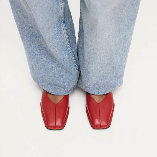 Red Square-Toe V-Cut Vamps Bridge Self-Tie Bow Ballet Flats