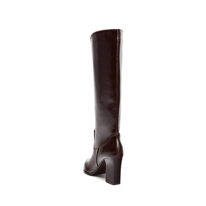 Dark Brown Pointed-Toe Simple Wide Calf Knee High Cowgirl Boots