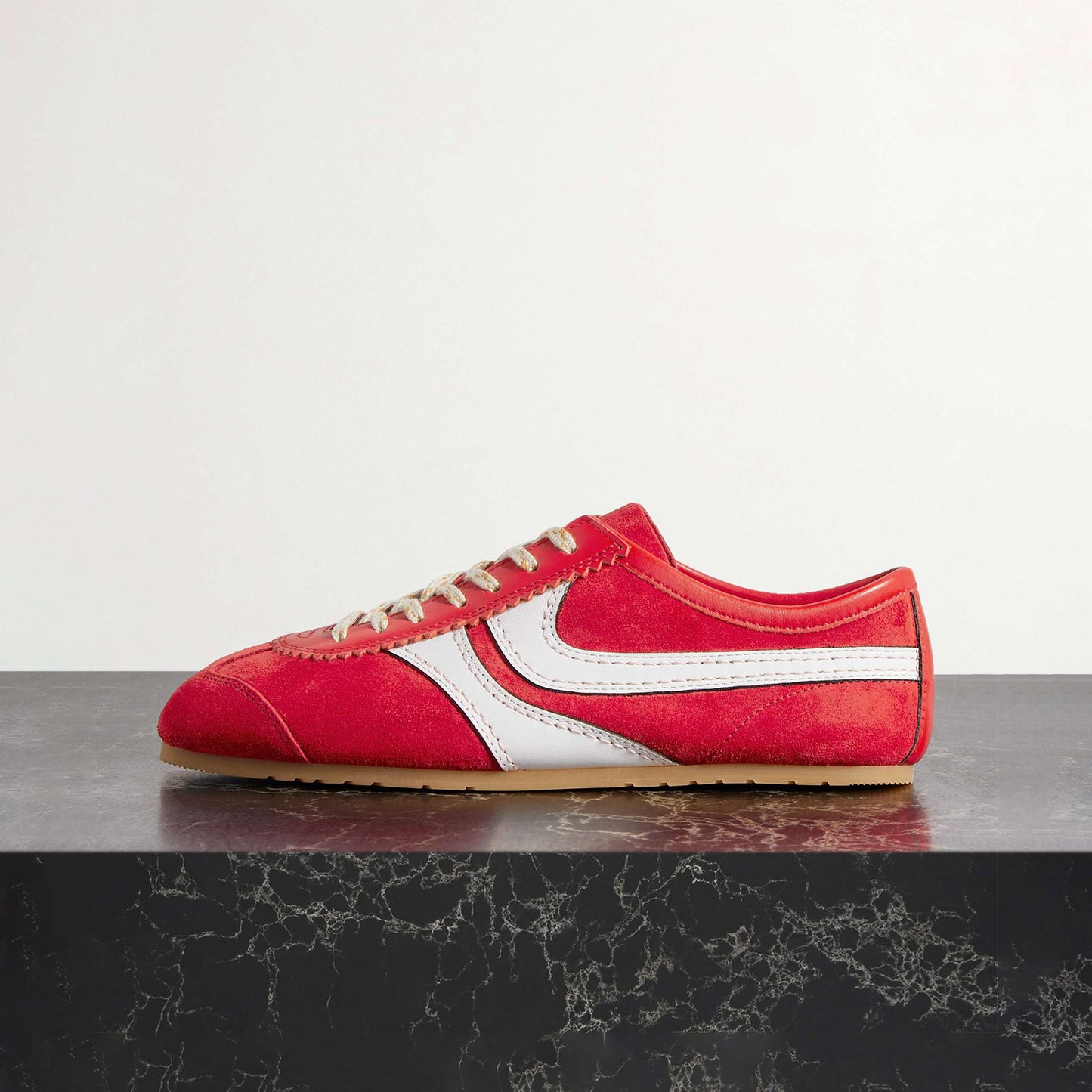 Red Contrast Faux Suede And Vegan Leather Square-Toe Lace-Up Sneakers Flats