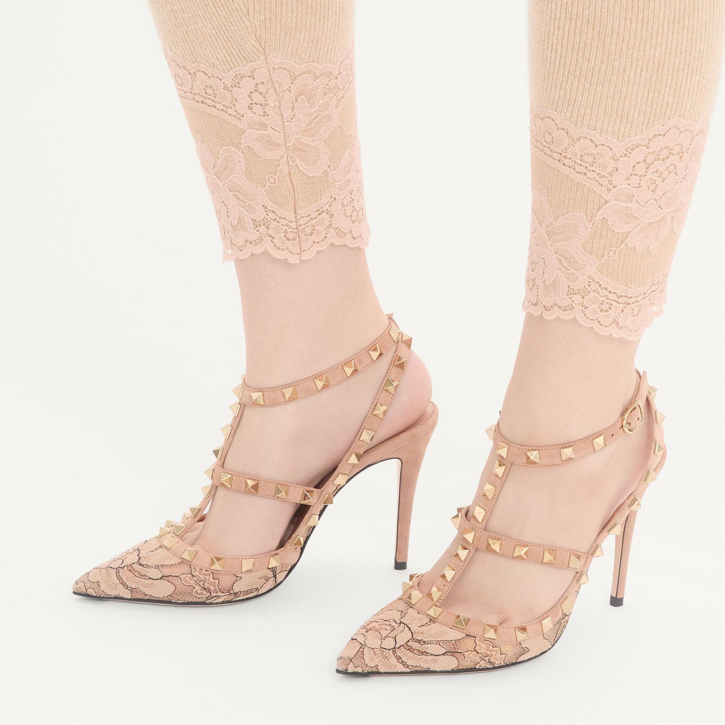 Tan Lace Mesh Pointed-Toe Studded Strappy Slingback High Heels