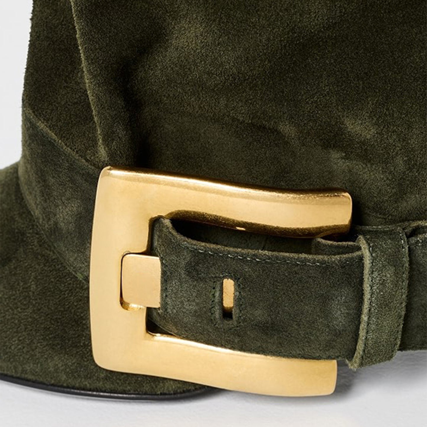 Khaki Faux Suede Pointed-Toe Bottom Buckle Fold-Over Wide Calf Knee High Stiletto Boots