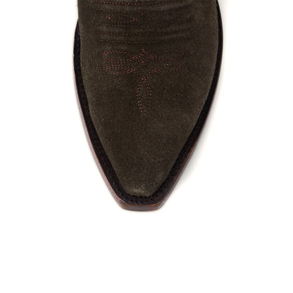 Olive Green Faux Suede Snip-Toe Embroidery Mid Calf Cowgirl Boots