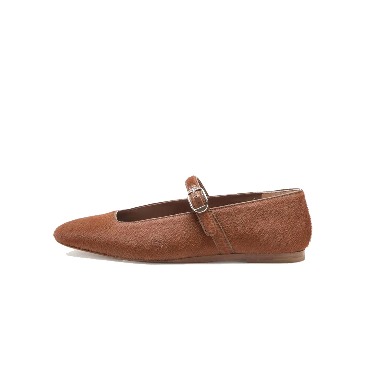 Brown Pony Hair Square-Toe Mary Jane Slip-On Ballet Flats