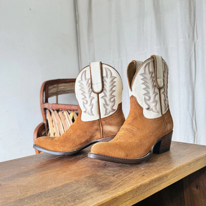 Contrast White And Brown Faux Suede Almond-Toe Embroidery Ankle Cowgirl Boots
