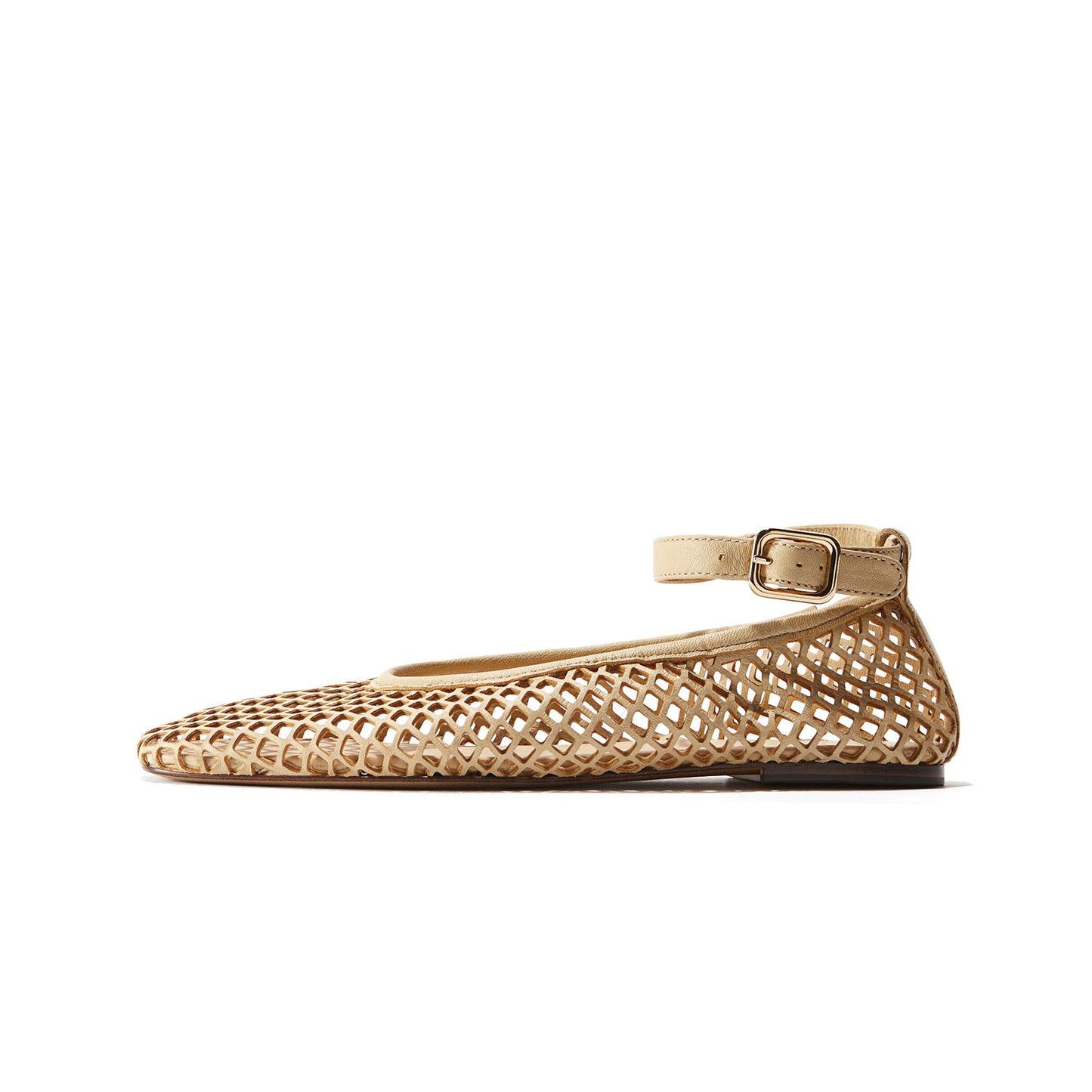 Light Yellow Square-Toe Perforated Ballet Flats With Ankle Strap