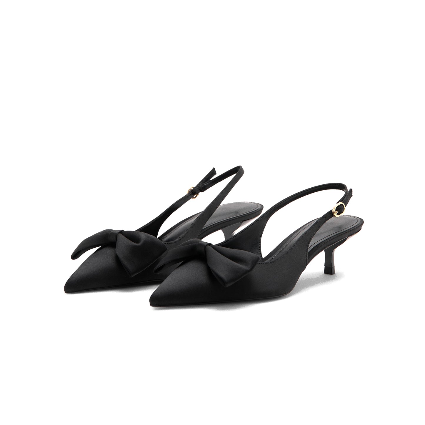 Black Satin Pointed-Toe Front Big Bow Buckle Slingback Kitten Heels