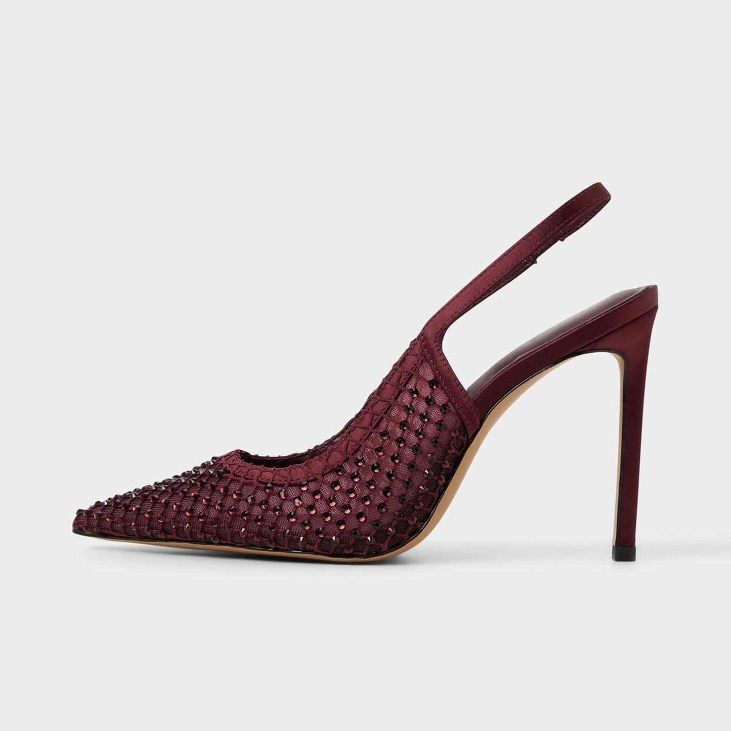 Burgundy Rhinestones Mesh And Satin Pointed-Toe Slingback High Heels