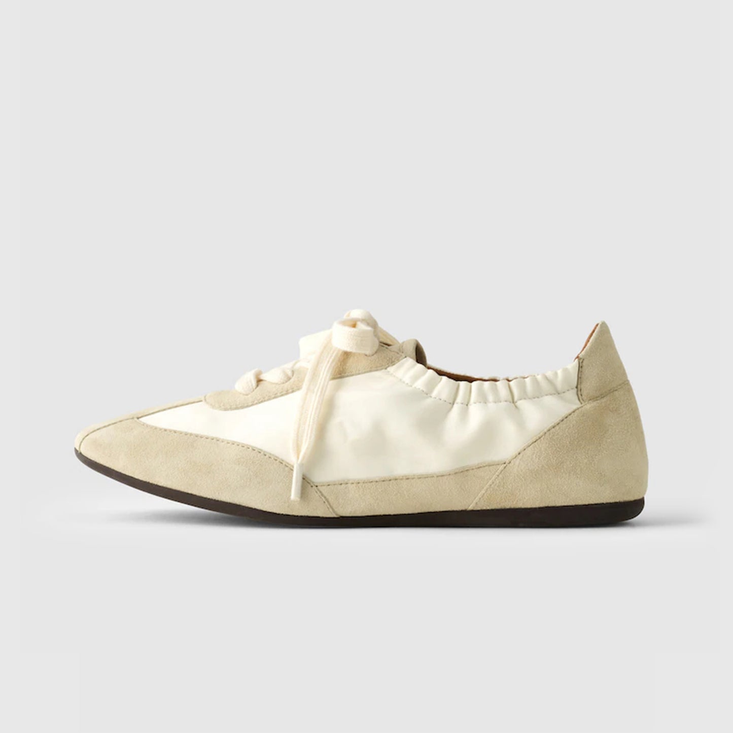 Khaki Cow Suede And Cow Leather Square-Toe Lace-Up Ballet Sneakers