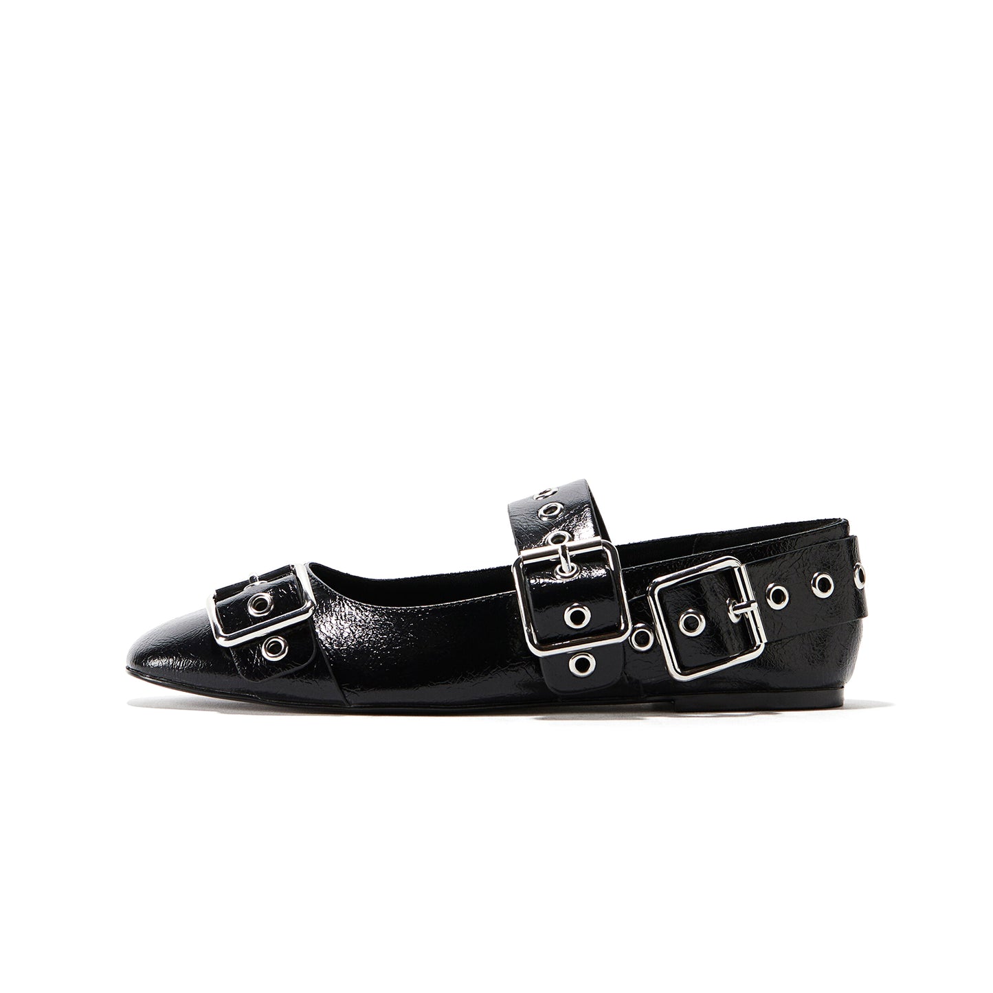 Black Square-Toe Eyelet Straps Ballet Flats