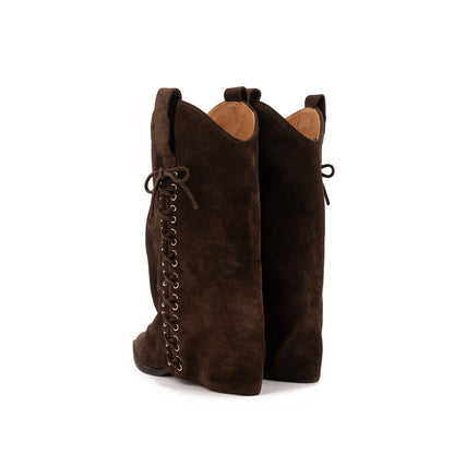 Brown Faux Suede Pointed-Toe Fold-Over Side Lace-Up Mid Calf Cowgirl Boots