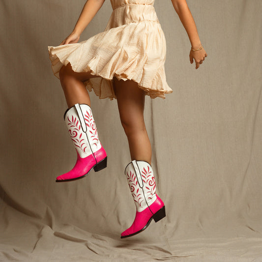 Contrast White And Pink Lizard Print Pointed-Toe Inlays Mid Calf Cowgirl Boots