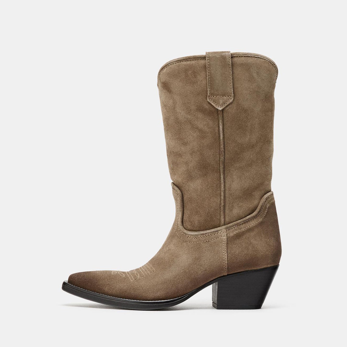 Taupe Faux Suede Snip-Toe Sleek Mid Calf Chic Cowgirl Boots