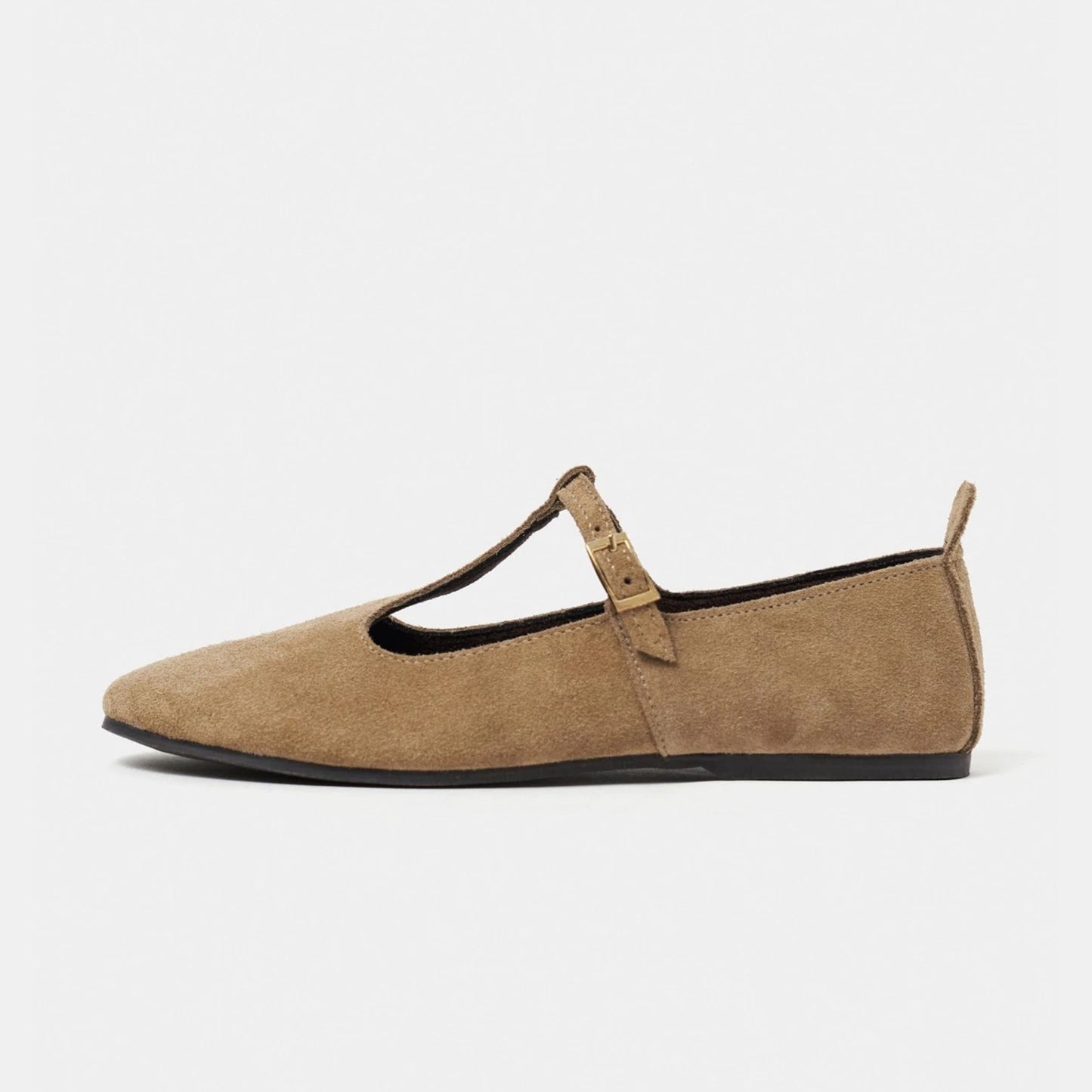 Camel Faux Suede Round-Toe Buckle Middle Strap Simple Chic Flats