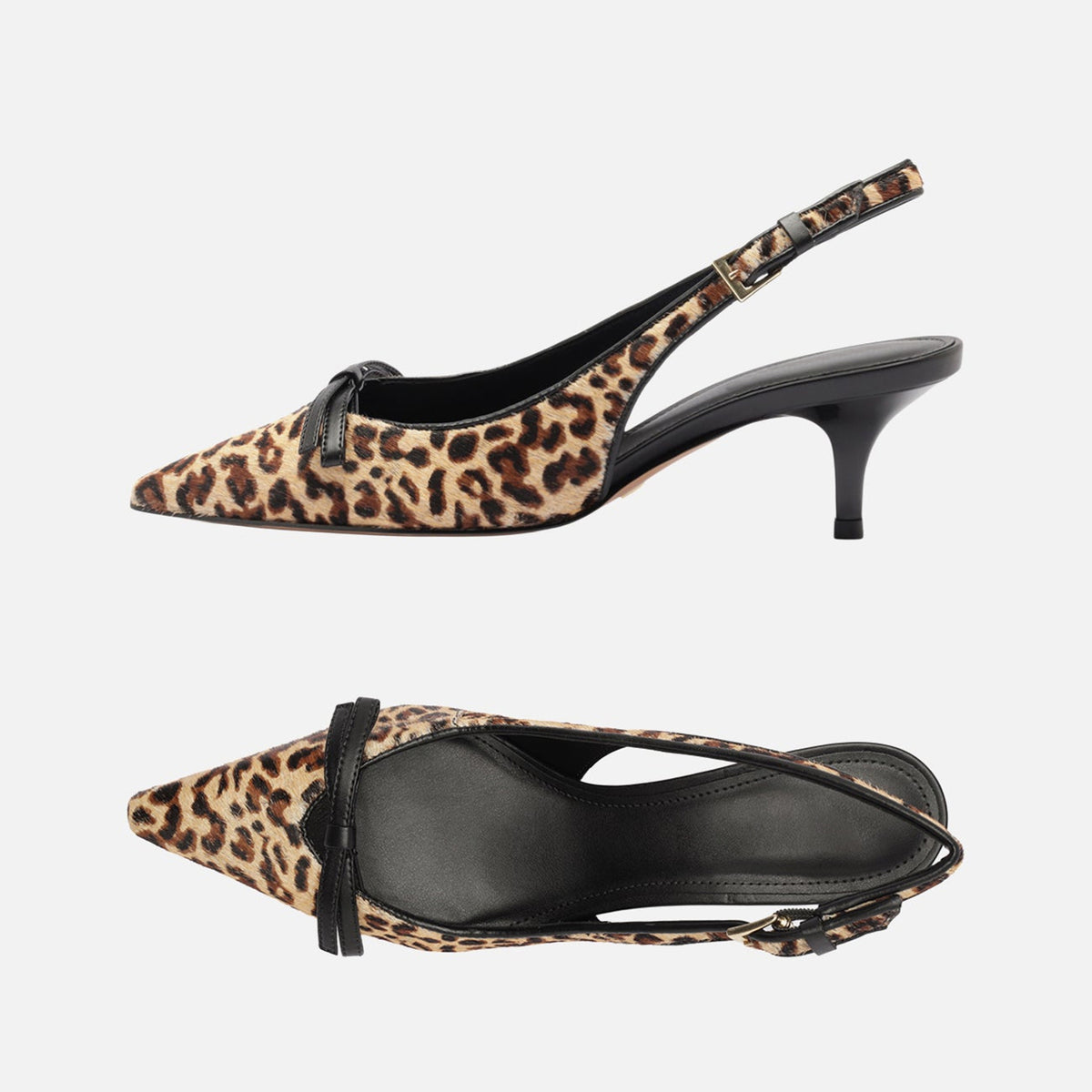 Leopard Pattern Pony Hair Vegan Leather Chic Pointed-Toe Front Bow Buckle Slingback Kitten Heels